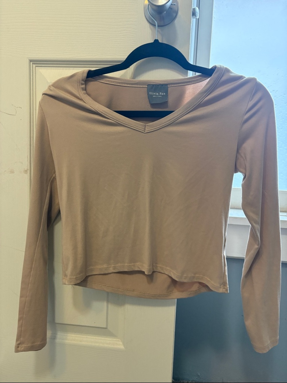 Olivia Rae Long-Sleeve V-Neck Crop Top in Light Beige